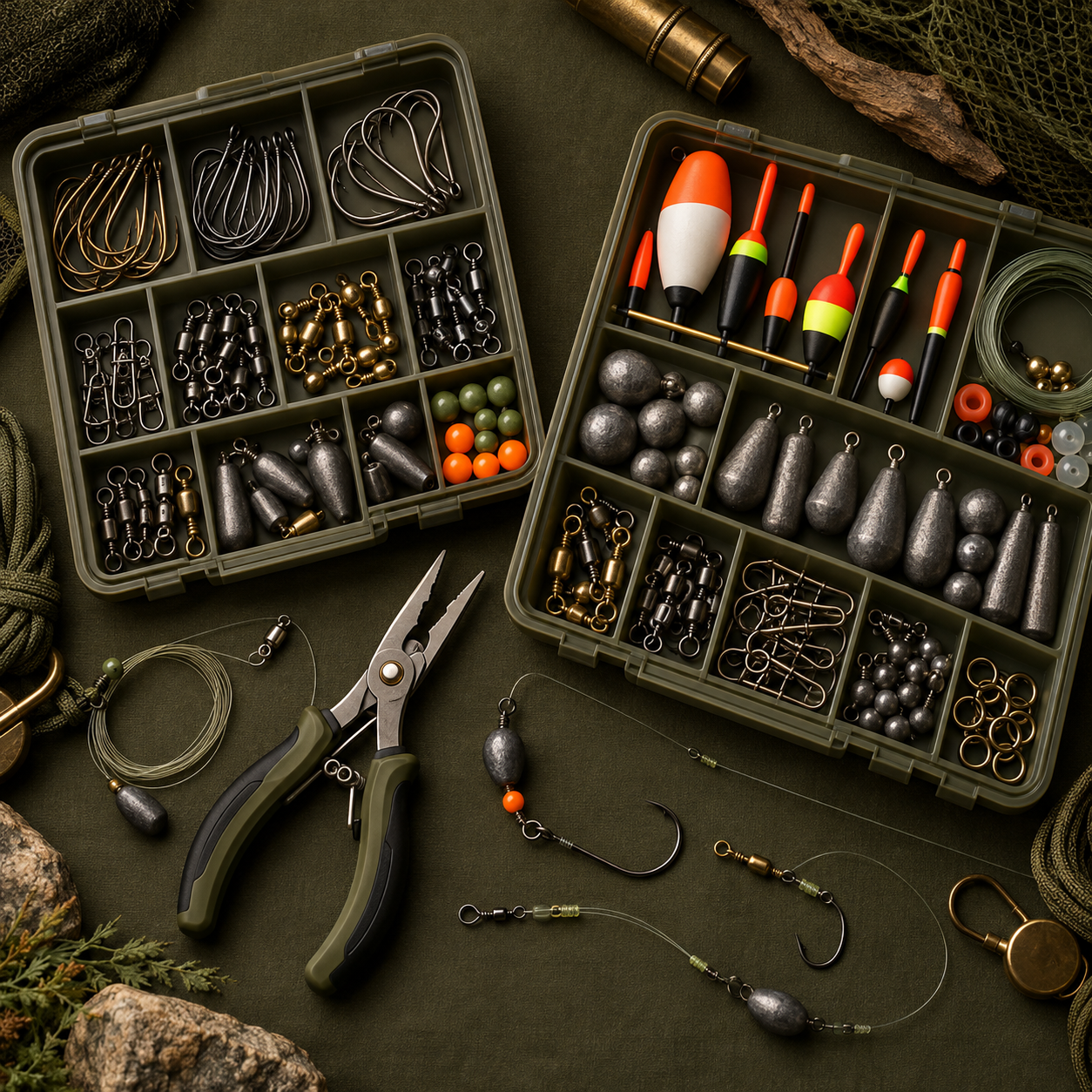 Organized fishing tackle kits with hooks swivels weights floats and pliers