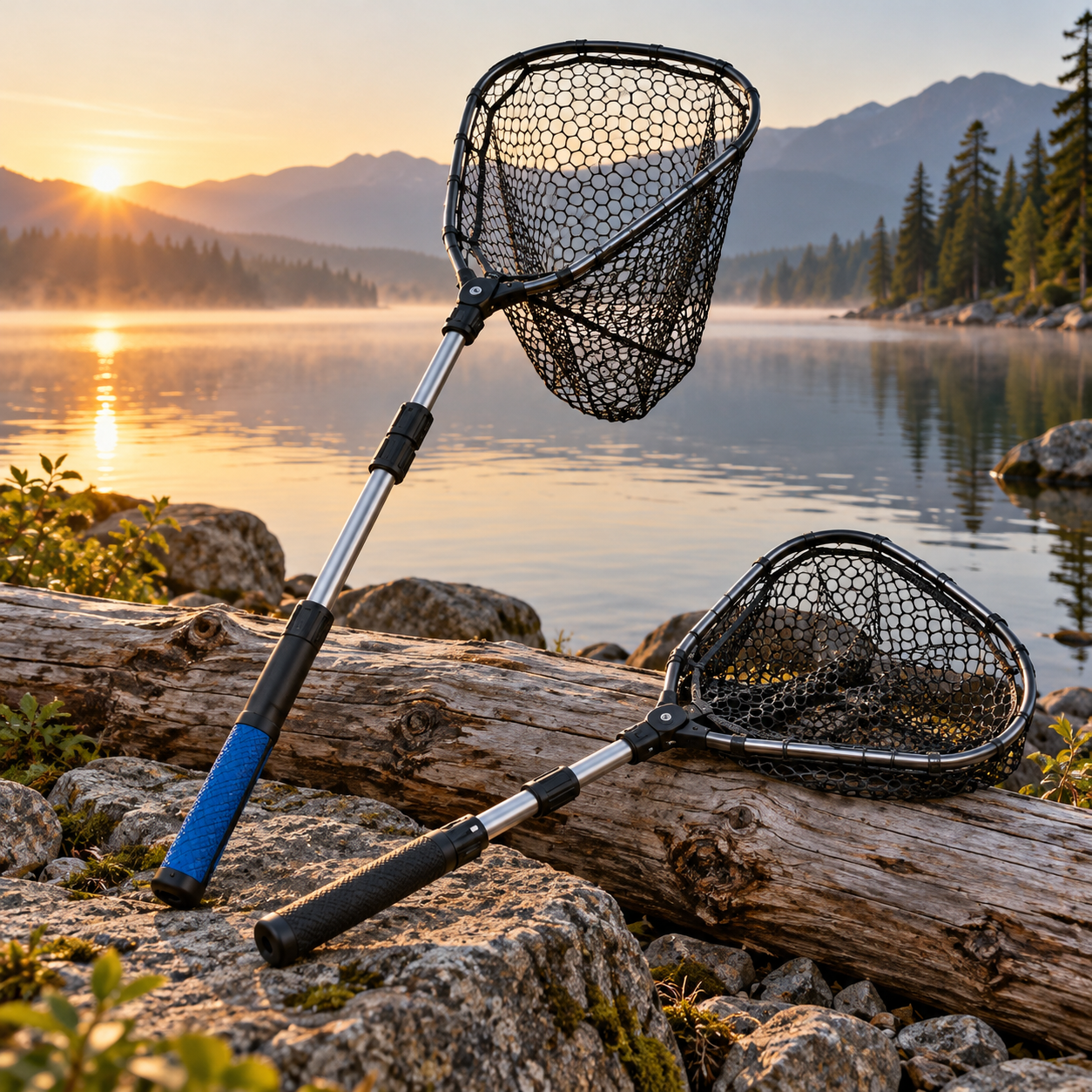 Foldable and telescoping fishing landing nets beside a mountain lake