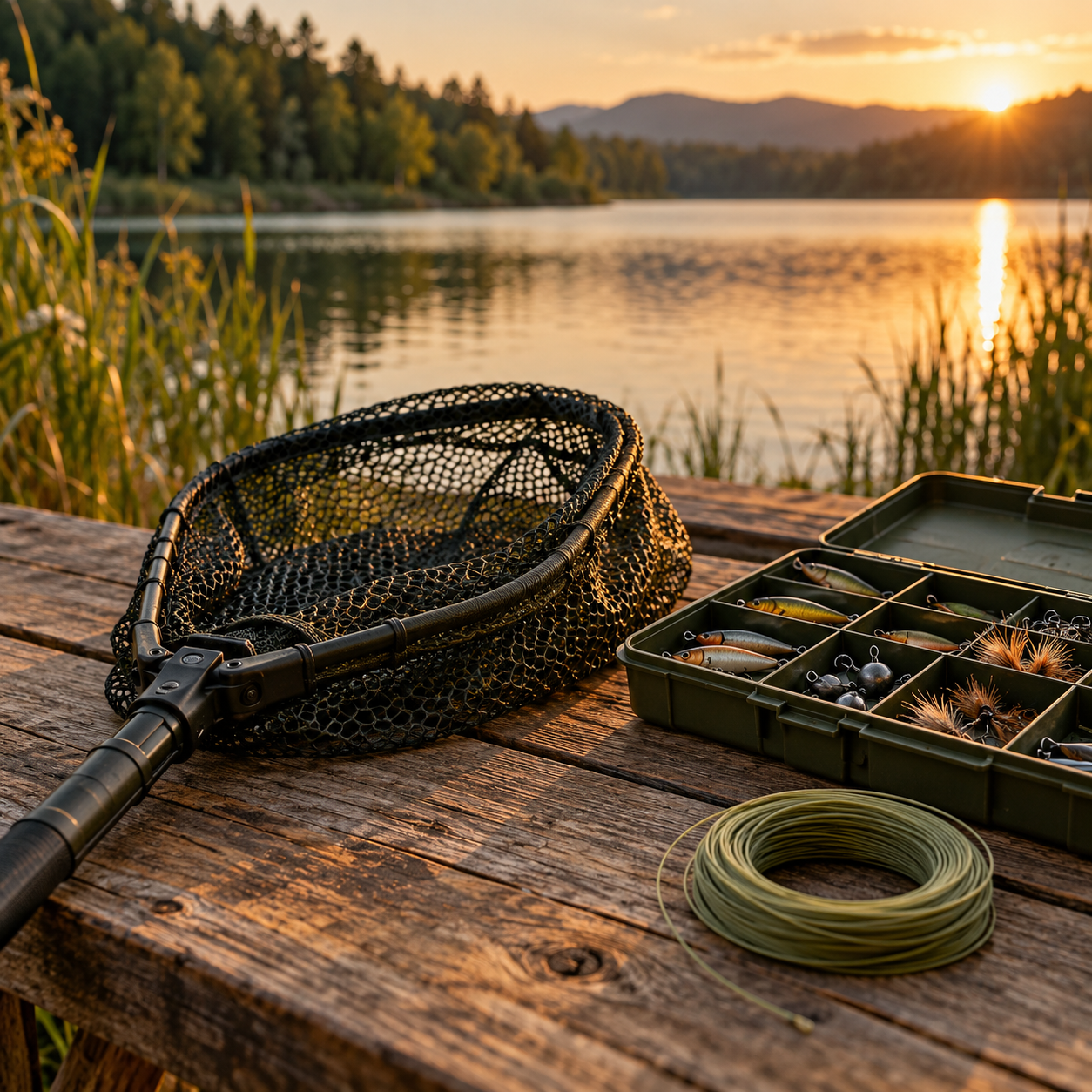 Landing net and organized fishing tackle prepared on a lakeside table