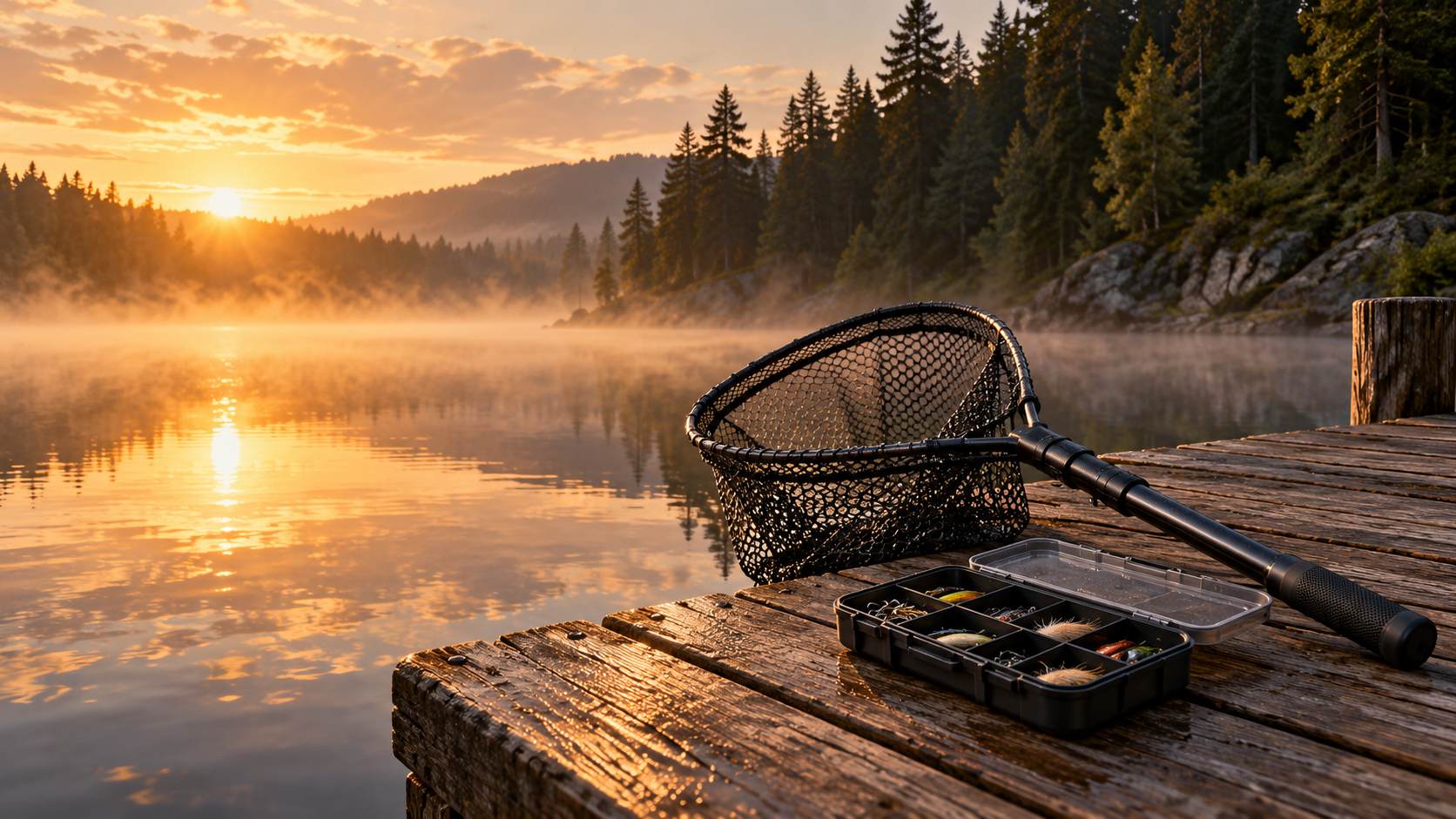 Fishing landing net and tackle organizer beside a calm lake at sunrise